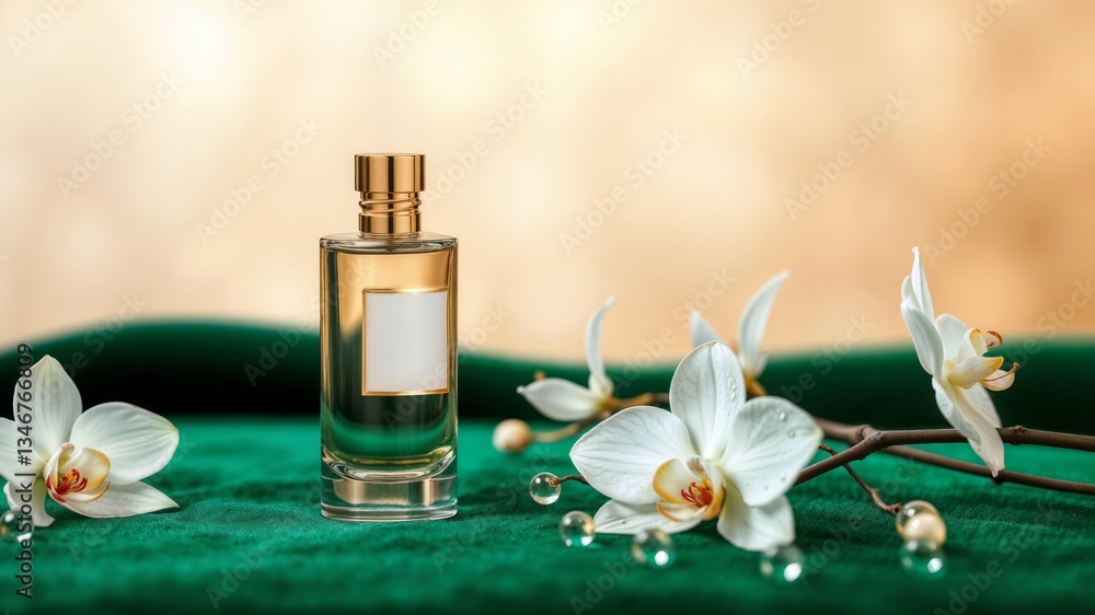 Luxury perfume with orchids. Elegant fragrance bottle with blank label on emerald green velvet surrounded by delicate white orchid flowers in golden light.