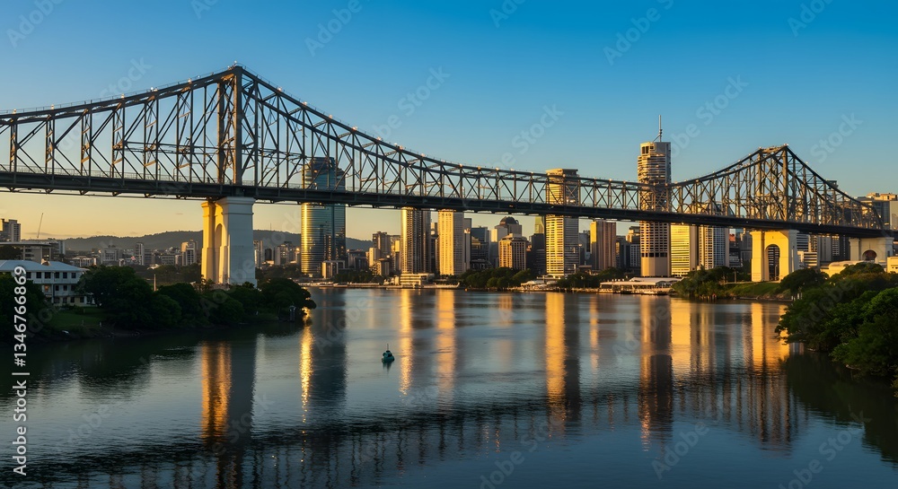 Fototapeta premium Brisbane Story Bridge at Sunset Reflecting in River with City Skyline View