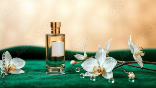 Obraz na płótnie Luxury perfume with orchids. Elegant fragrance bottle with blank label on emerald green velvet surrounded by delicate white orchid flowers in golden light. w salonie