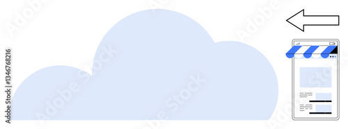Cloud icon with arrow pointing to a mobile storefront. Ideal for e-commerce, cloud computing, data transfer, online business, digital accessibility, remote storage, technological innovation. Flat