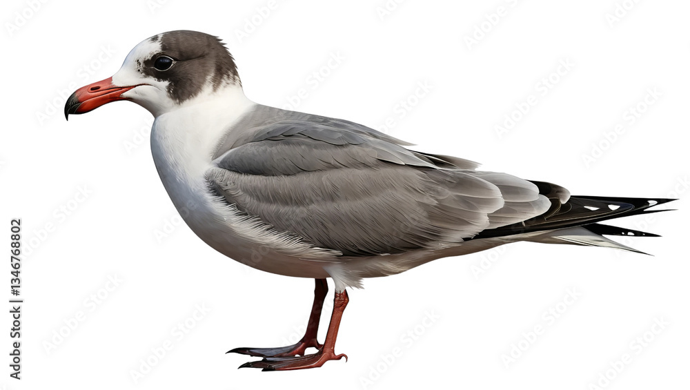 Fototapeta premium Elegant Seagull Standing on Shore with Soft Gray Feathers and Red Beak