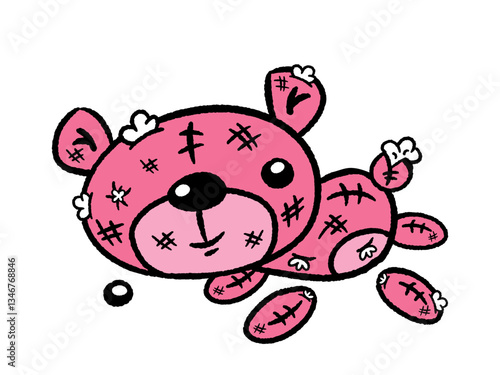 Creepy cute stiched pink plush teddy bear toy. Vector hand drawn cartoon illustration isolated on white.