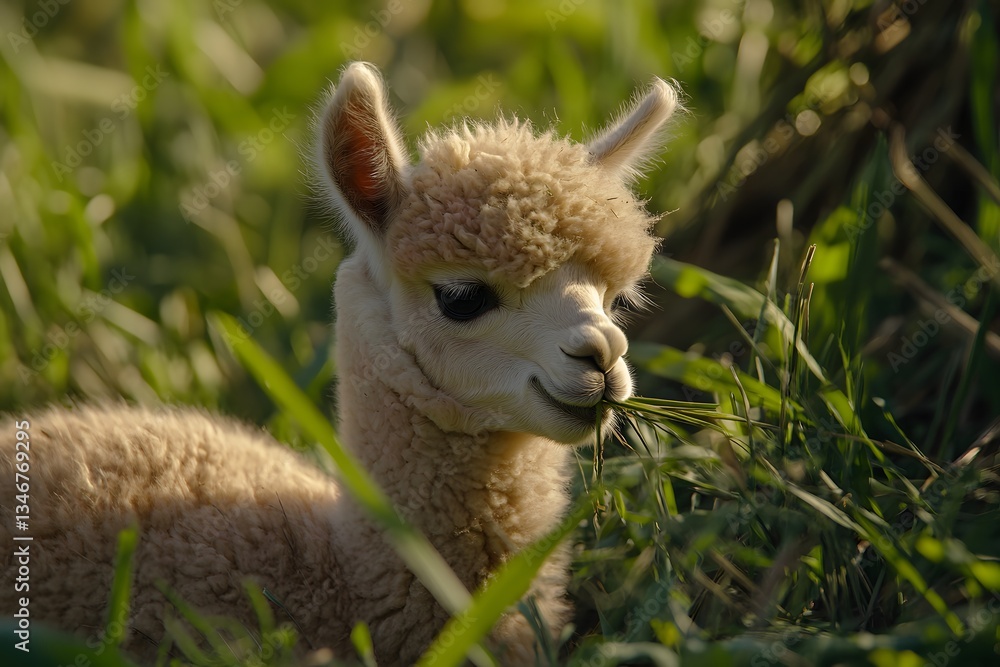 Obraz premium A baby alpaca chewing a strand of hay in a lush green pasture with its thick fluffy coat glowing in the mid morning 