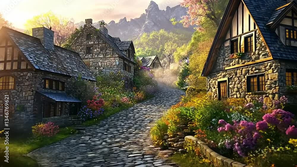 Enchanted Stone Village nestled in the mountains, bathed in morning sunlight, colorful flowers blooming along cobblestone pathway