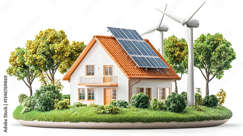 Eco-Friendly House with Solar Panels and Wind Turbines Surrounded by Green Trees and Grass Eco-Friendly House with Solar Panels and Wind Turbines Surrounded by Green Trees and Grass