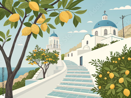 Explore a tranquil coastal path lined with lemon trees leading to stunning white buildings and a bright sea view. Greek orthodox church. Printable art