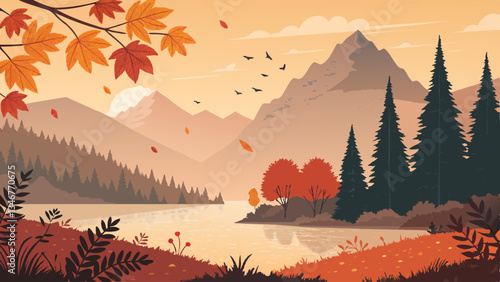 Autumn landscape with mountains and trees. Explore a tranquil landscape of colorful mountains, serene waters, and vibrant autumn foliage in a minimalist vector style. Minimalist landscape