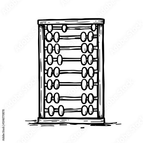 Hand-drawn abacus illustration in black and white.