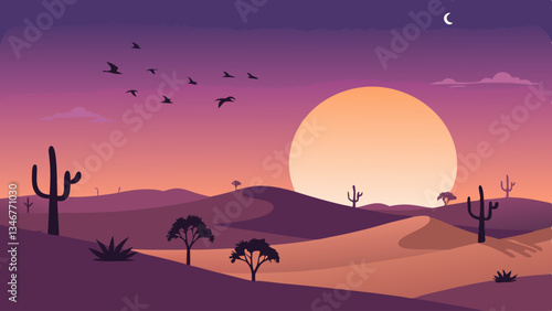 Sunset in the desert. Beautiful sunset over a minimalist desert landscape with silhouettes of cacti and distant mountains. Paint by numbers therapy