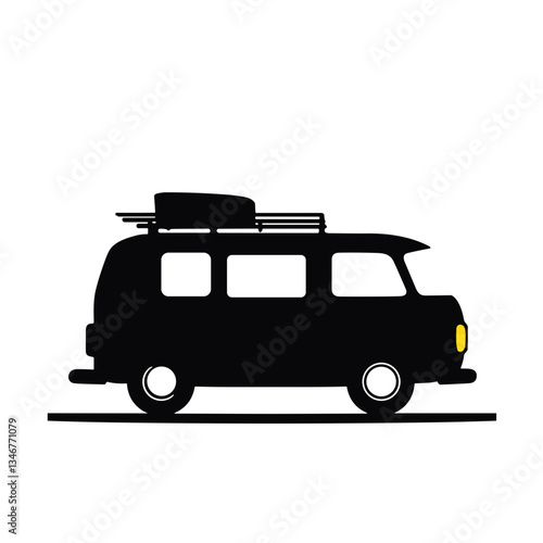 Vintage camper van silhouette with roof rack.