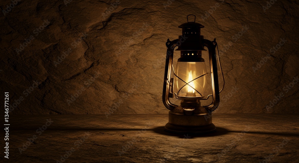 Antique Lantern Illuminating a Dark Cave Setting Antique Lantern Illuminating a Dark Cave Setting
