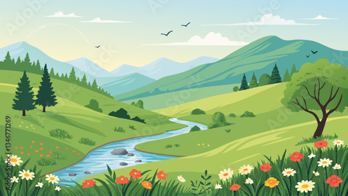 Summer landscape with mountains. Serene mountainous landscape with lush greenery, flowing river, and blooming flowers in a tranquil setting. Vector landscape