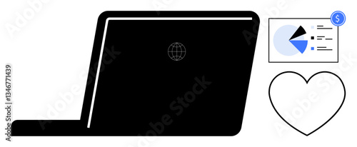Laptop with globe icon, analytics chart with dollar icon, and heart outline. Ideal for technology, analytics, remote work, global networks, finance human values and creativity. Flat simple metaphor