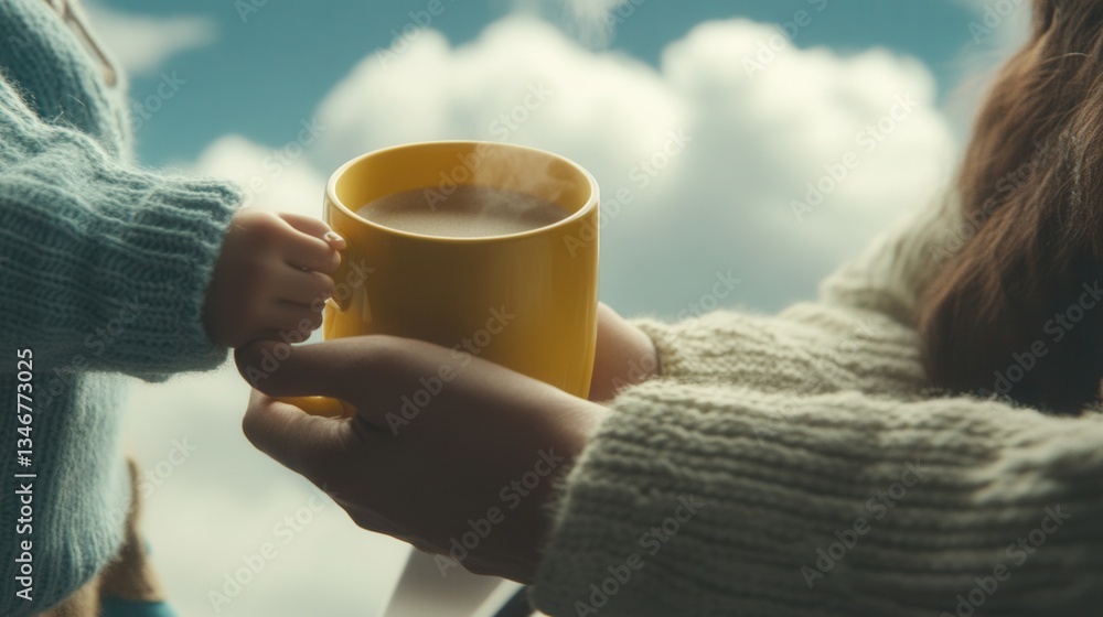 A close-up of someone holding a yellow mug, a gray sweater with white stripes, and a light blue cardigan being held by a woman in the background. A child's hand is reaching for the coffee cup. A close-up of someone holding a yellow mug, a gray sweater with white stripes, and a light blue cardigan being held by a woman in the background. A child's hand is reaching for the coffee cup.