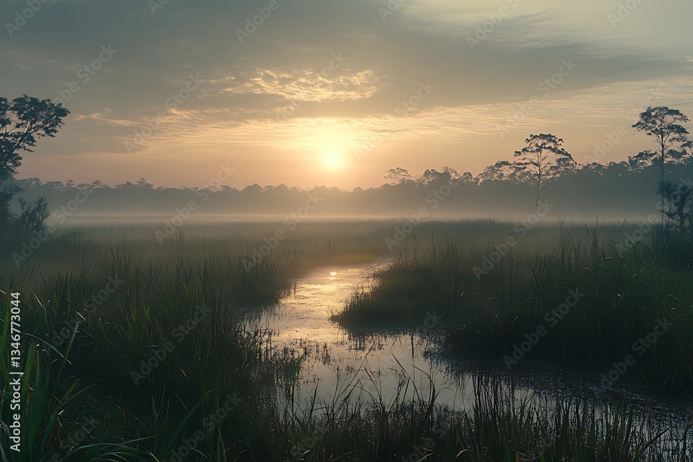Fototapeta premium Dazzling vista of a marsh at morning with its stately span and cohesive mix of wetland grasses snaking flows and intact ecology amazes with its magnificence and allure
