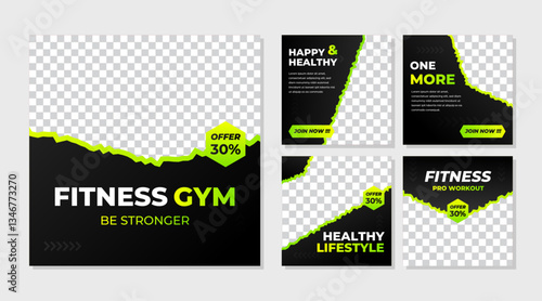 Fitness gym social media post banner template with black and green color