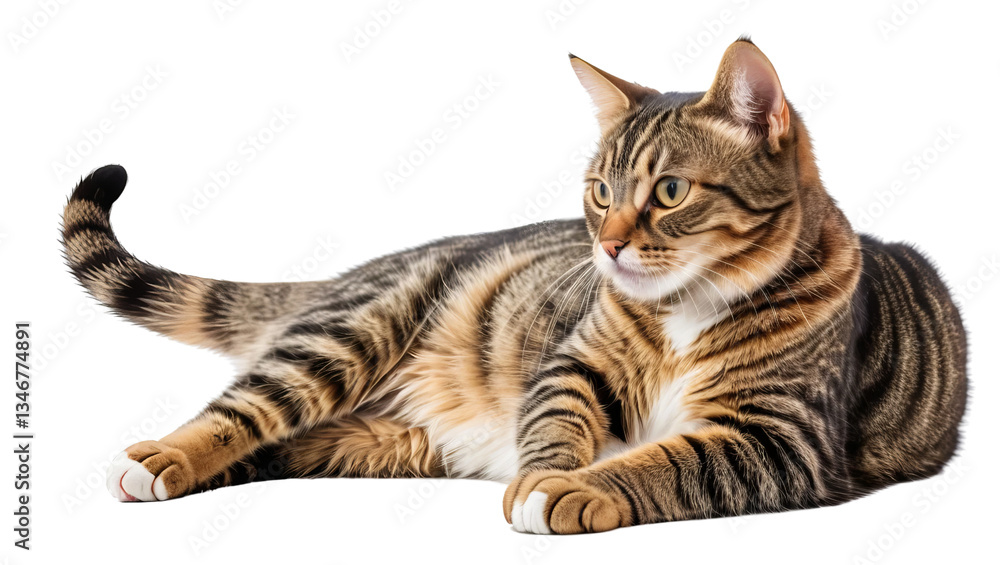 Fototapeta premium Adorable Tabby Cat Laying Down with Striking Stripes and Patterns