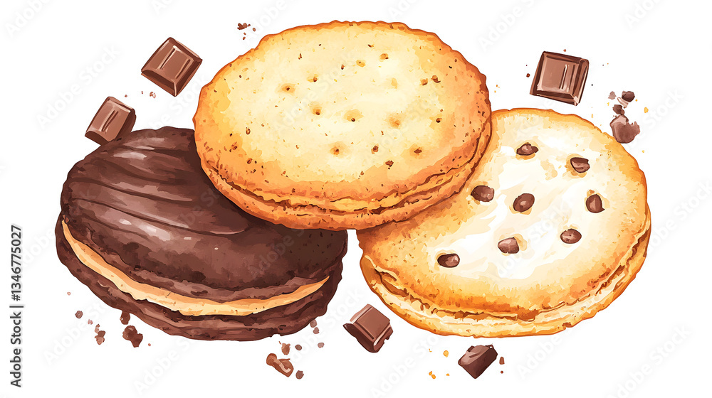 Delicious Watercolor Biscuits with Chocolate in Round Frame for Culinary Designs Delicious Watercolor Biscuits with Chocolate in Round Frame for Culinary Designs