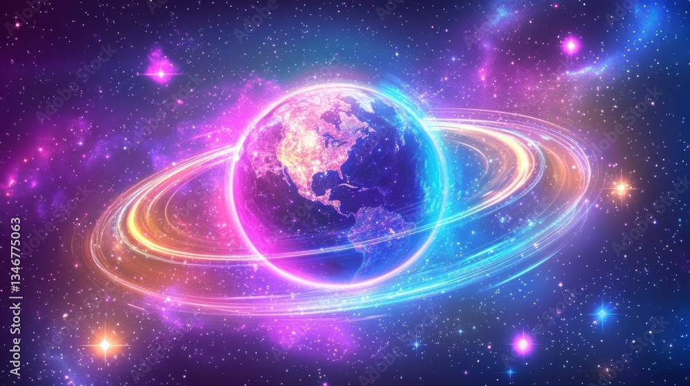 Obraz premium Vibrant Earth glowing in a cosmic nebula with vibrant rings.