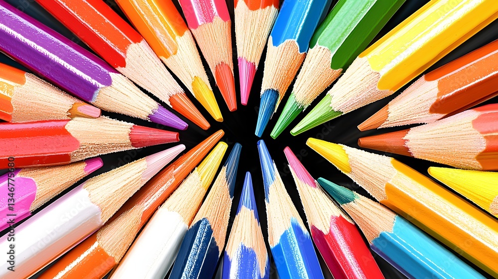 Vibrant Arrangement of Colorful Pencils in a Circular Pattern on Black Background Vibrant Arrangement of Colorful Pencils in a Circular Pattern on Black Background