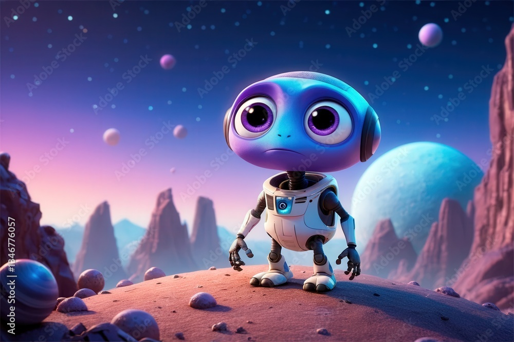 Obraz premium Curious robot explorer standing on an alien landscape under a starry sky at twilight, discovering new worlds beyond Earth