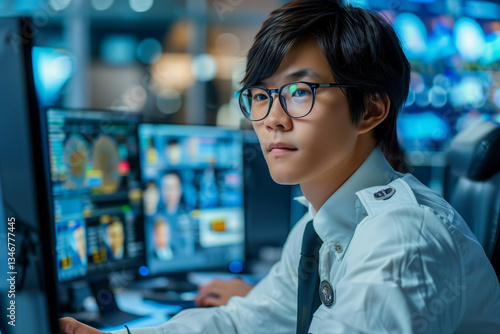 A professional young Asian security officer wearing glasses, monitoring multiple high-tech surveillance screens in a modern control room with a focused expression