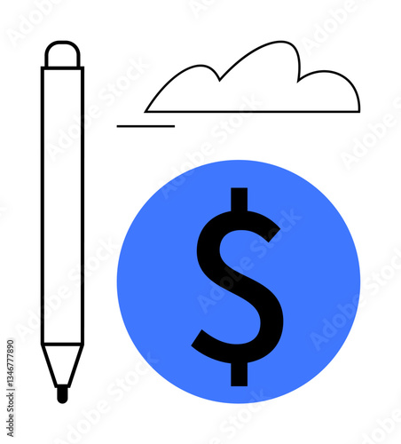 Pen beside dollar symbol in blue circle with a cloud above. Ideal for creativity, business, finance, innovation, writing, online services, digital transformation, flat simple metaphor