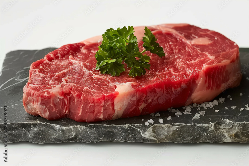 Fototapeta premium A Close-Up of a Raw Beef Steak Garnished with Parsley on a Slate with Sea Salt Sprinkles, Isolated on a White Background