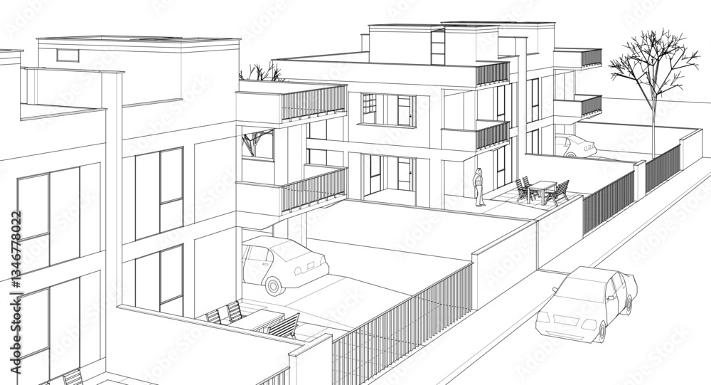 Fototapeta premium modern townhouse sketch 3d illustration
