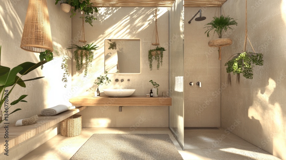 Modern Minimalist Bathroom with Natural Elements and Soft Lighting Modern Minimalist Bathroom with Natural Elements and Soft Lighting