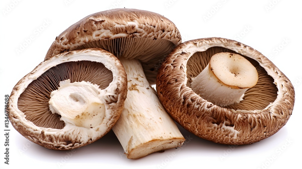 Fresh Brown Mushrooms with Sliced Pieces Displayed on White Background Ready for Culinary Use Fresh Brown Mushrooms with Sliced Pieces Displayed on White Background Ready for Culinary Use