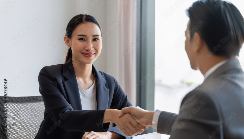 Happy young business woman bank manager handshaking client at meeting. Smiling female hr hiring recruit at job interview Happy young business woman bank manager handshaking client at meeting. Smiling female hr hiring recruit at job interview