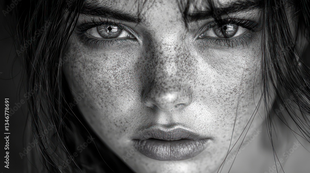 Fototapeta premium Close-up grayscale portrait of a woman with freckles