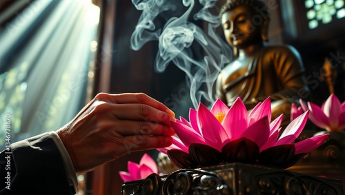 Wallpaper Mural Lotus offering to Buddha. Description. Hand placing pink lotus flower offering near Buddha statue with smoke and sunlight. Torontodigital.ca