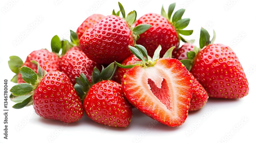 Freshly Harvested Red Strawberries Displayed with a Halved Berry Showing Heart Shape Inside Freshly Harvested Red Strawberries Displayed with a Halved Berry Showing Heart Shape Inside