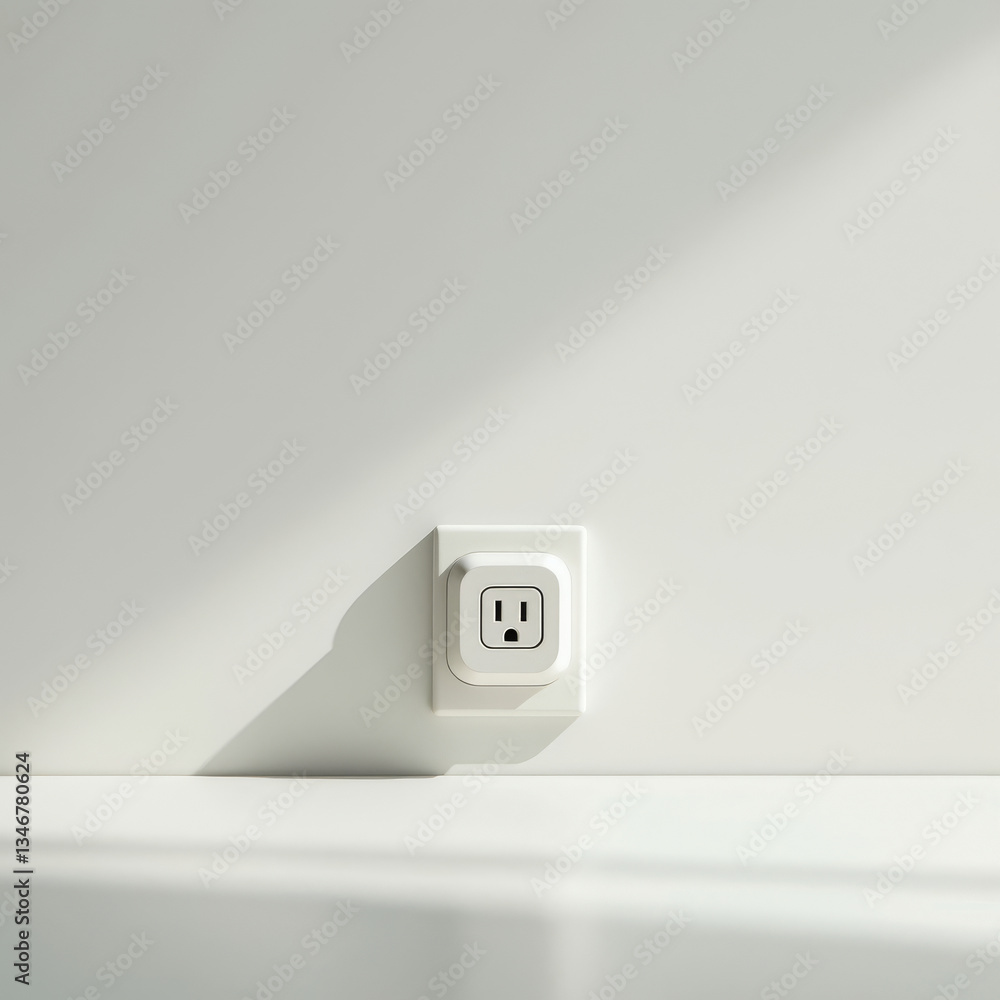 Smart plug on white wall. Minimalist image of a smart plug installed on a white electrical outlet, casting a soft shadow on a clean white wall with natural lighting.