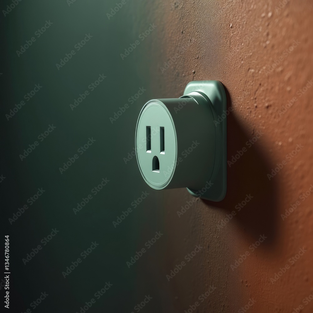 Green electrical outlet on textured wall. Close-up of a green electrical outlet mounted on a textured wall with contrasting dark green and reddish-orange tones, emphasizing shape and texture.