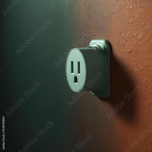 Obraz na płótnie Green electrical outlet on textured wall. Close-up of a green electrical outlet mounted on a textured wall with contrasting dark green and reddish-orange tones, emphasizing shape and texture. w salonie
