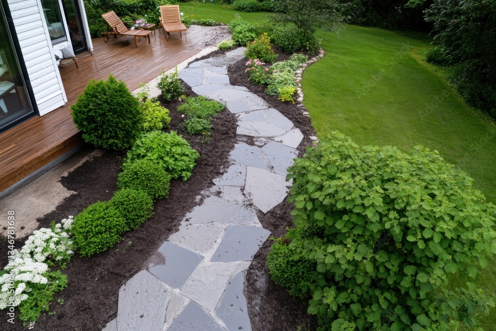Fototapeta premium A beautifully designed stone pathway winds through a vibrant garden, showcasing neatly arranged plants and greenery that enhance the outdoor space's aesthetics.