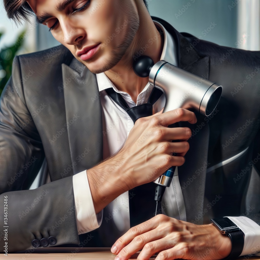 Businessman massages neck with gun. Young businessman in suit uses massage gun for neck pain relief in office setting.