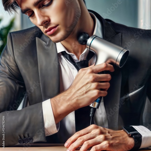 Obraz na płótnie Businessman massages neck with gun. Young businessman in suit uses massage gun for neck pain relief in office setting. w salonie