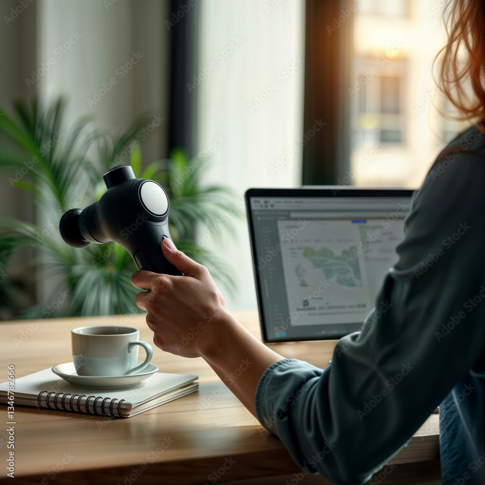 Woman uses massage gun at work. Back view of woman working on laptop and using massage gun for muscle relief at desk with coffee.