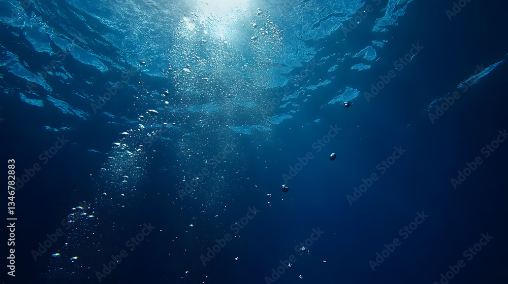 Obraz premium Underwater bubbles rising in deep blue ocean wallpaper background nature scene tranquil viewpoint
