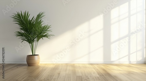Minimalist room design with potted plant wooden floor and sunlight. AI generated