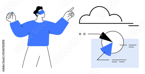 Individual gestures toward cloud while analyzing a chart with pie and line visuals. Ideal for data innovation, cloud computing, technology, analytics, futuristic interface, connectivity, flat simple