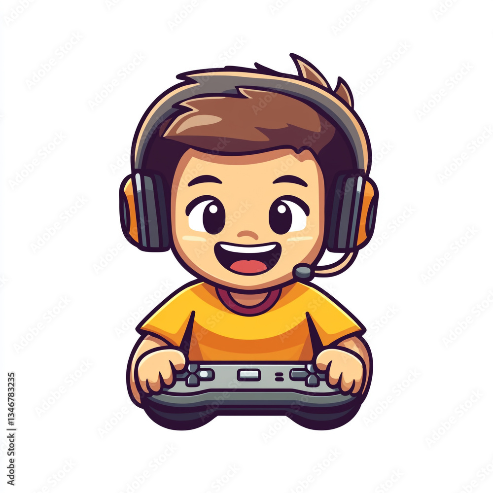 A cartoon character with brown hair wearing headphones, holding a game controller, and enjoying a video game against a white background. A cartoon character with brown hair wearing headphones, holding a game controller, and enjoying a video game against a white background.