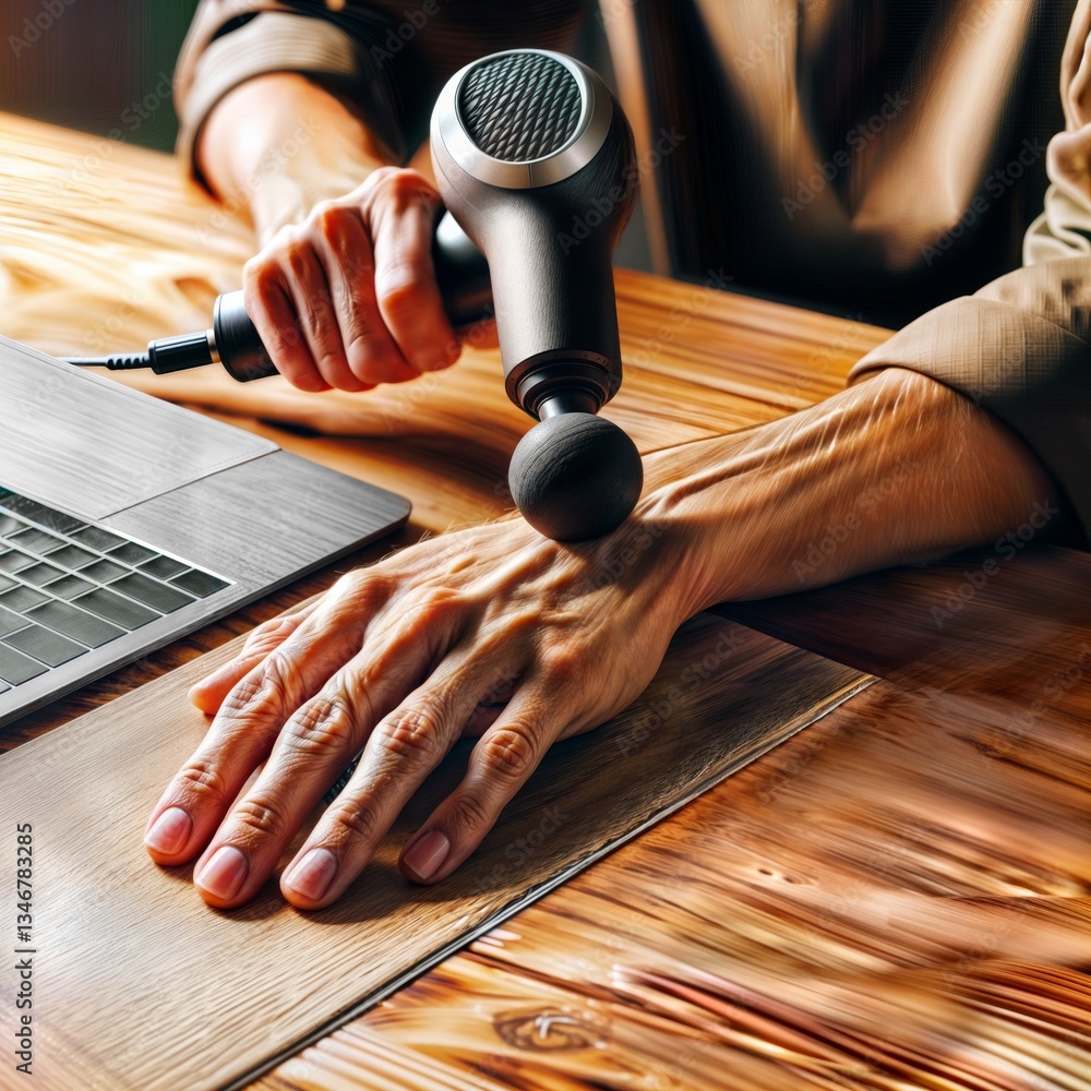 Massaging wrist with percussion gun. Close-up of hands using massage gun on wrist for pain relief at wooden desk near laptop.