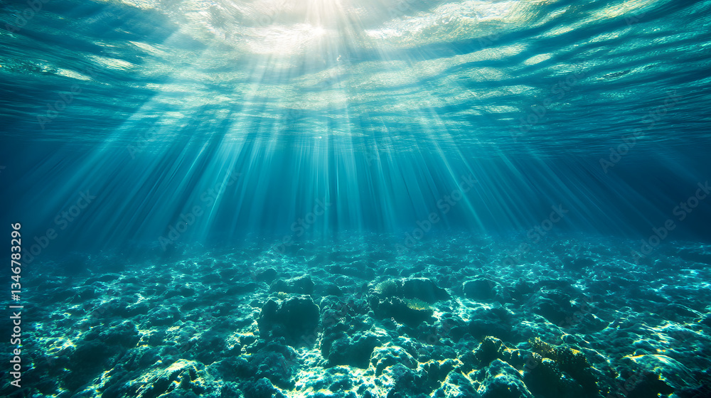 Fototapeta premium Underwater sunlight rays filtering through clear water ocean wallpaper background nature serene environment tranquil viewpoint