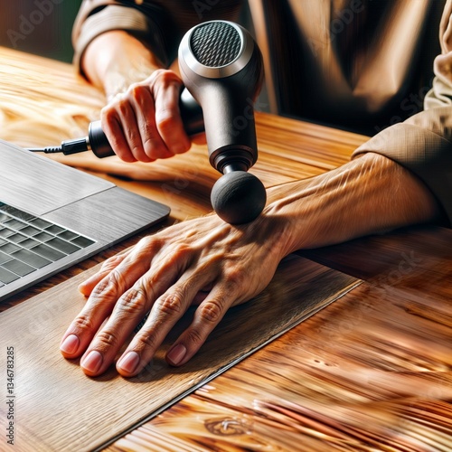 Obraz na płótnie Massaging wrist with percussion gun. Close-up of hands using massage gun on wrist for pain relief at wooden desk near laptop. w salonie