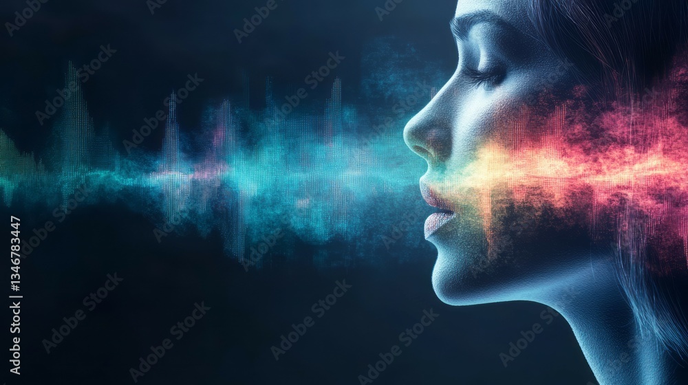 Close-up of a woman's lips speaking, with blue sound waves, motion blur, and a holographic background. This is a visual representation of voice technology or speech-to-text transfer. Close-up of a woman's lips speaking, with blue sound waves, motion blur, and a holographic background. This is a visual representation of voice technology or speech-to-text transfer.